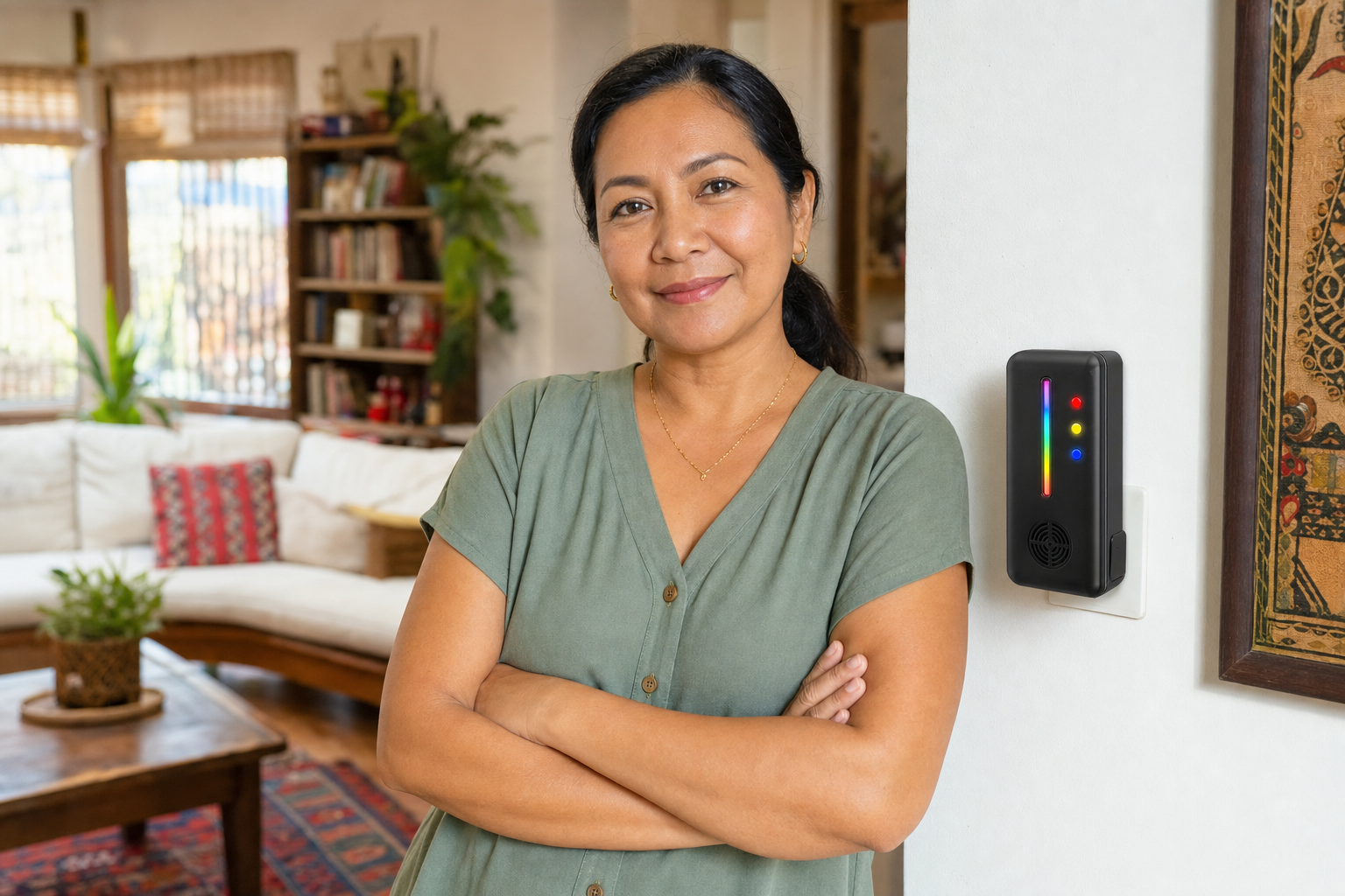 Maria, 44, with the CasaShield ultrasonic repellent in her living room